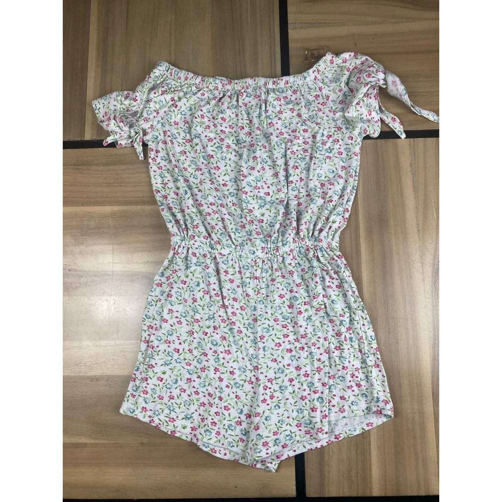 Laura Ashley Girls Floral Romper Off Shoulder Tie Sleeve White XL‎